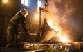 Worker controlling metal melting in furnaces. Workers operates at the metallurgical plant. The liquid metal is poured Royalty Free Stock Photo