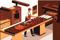 worker controlling production process of sliced and dried ales preparation on conveyor belt