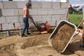 The worker controls the vibrating plate at the construction site, heavy manual construction equipment, pressing and compaction of Royalty Free Stock Photo