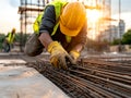 Worker with contruction iron lines for building foundation. new construction project. Royalty Free Stock Photo