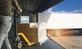 Worker courier unloading cargo pallet shipment goods, package box, his using hand pallet jack load into a truck. Royalty Free Stock Photo