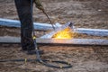 A worker cut steel beams using propane-oxygen torch..Oxy-fuel cutting Royalty Free Stock Photo
