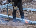 A worker cut steel beams using propane-oxygen torch..Oxy-fuel cutting Royalty Free Stock Photo