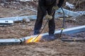 A worker cut steel beams using propane-oxygen torch.Oxy-fuel cutting Royalty Free Stock Photo