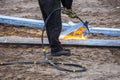 A worker cut steel beams using propane-oxygen torch..Oxy-fuel cutting Royalty Free Stock Photo