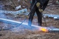 A worker cut steel beams using propane-oxygen torch..Oxy-fuel cutting Royalty Free Stock Photo