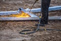 A worker cut steel beams using propane-oxygen torch. Royalty Free Stock Photo