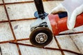 Worker cutting construction steel net with Angle Grinder Mashin Royalty Free Stock Photo