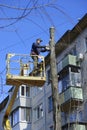 Worker cutting dead standing tree with chainsaw using truck-mounted lift