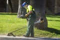 Worker cutting grass