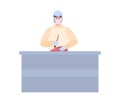 Worker cutting meat on processing plant, cartoon vector illustration isolated.