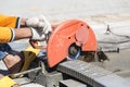 Worker cutting metal with unsafety position Royalty Free Stock Photo