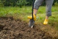 Worker digs the black soil with shovel in the vegetable garden, woman farmer loosens dirt in the farmland, agriculture Royalty Free Stock Photo