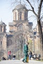 Worker doing park disinfection spraying for prevention of Corona virus spreading in Belgrade