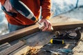 A worker drills a hole in wooden bar with drill Royalty Free Stock Photo