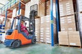 Worker driver at warehouse forklift loader works