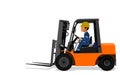 A Worker is driving Forklift truck on transparent background