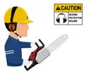 A worker with earmuffs is using chain saw on transparent background