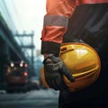 Worker engineer ensures construction safety, holding hard hat helmet Royalty Free Stock Photo