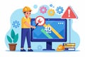 A worker examines a screen displaying an error message, surrounded by gears and equipment in a workspace, worker fix screen page Royalty Free Stock Photo