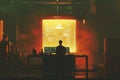 A factory worker engages with a holographic display in a modern industrial workspace