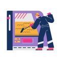 Worker on factory for production of fertilizers, vector illustration isolated.