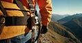 Worker fall arrest device with safety belt hooks. Work on high-altitude equipment. Royalty Free Stock Photo