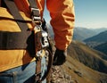 Worker fall arrest device with safety belt hooks. Work on high-altitude equipment. Royalty Free Stock Photo