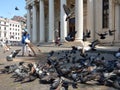 A worker feeding the pigeons on front Romanian Atheneum in Bucharest, May 2018