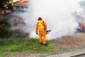 Worker fogging residential area with insecticides to kill aedes