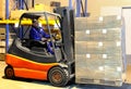 Worker and forklift loader at