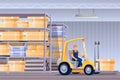 Worker in forklifter tractor cartoon character. Handymen loading cardboard boxes. Storehouse employee using forklifter Royalty Free Stock Photo