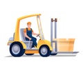 Worker in forklifter tractor cartoon character. Handymen loading cardboard boxes. Storehouse employee using forklifter Royalty Free Stock Photo