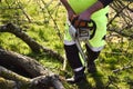 Worker in the garden with a chainsaw.