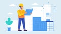 The worker gazes confidently at the blueprints visualizing the finished structure and putting into action the plans laid