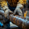 Worker with gloves handling rusty pipe in industrial setting. Royalty Free Stock Photo
