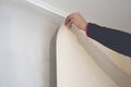 Worker glues wallpaper on the wall. Home repair concept Royalty Free Stock Photo