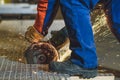 Worker grinding a metal plate Royalty Free Stock Photo