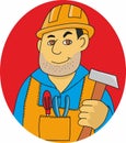 Worker with hammer in his hands and tools.