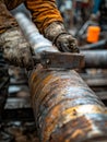 Worker hammering a rusty pipe in an industrial setting. Royalty Free Stock Photo