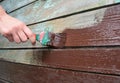 Worker hand with brush painting and repair wooden wall. How to Paint Old Wooden Surface. Royalty Free Stock Photo