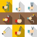 Worker hand icons set, flat style