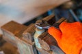 Worker hand tightening or loosening a nut of a bolt with a wrench Royalty Free Stock Photo