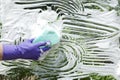 Worker hand wearing purple rubber gloves and washing window by using scouring pad Royalty Free Stock Photo