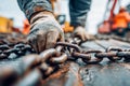 Worker handling rusted chains on construction site Royalty Free Stock Photo