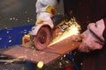 worker hands grinding metal plate with a grinder, preparing for welding Royalty Free Stock Photo