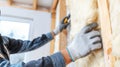 Worker hands installing yellow mineral wool thermal insulation material in wall frame for energy efficient house construction Royalty Free Stock Photo