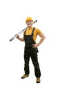 Worker handyman repairman or builder with construction spirit level Royalty Free Stock Photo