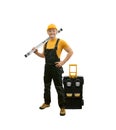 Worker handyman repairman or builder with construction spirit level and tool-box