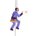 Worker hanging on ropes. Industrial alpinist welder suspended to safety harness with professional equipment for welding
